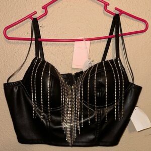 Black Faux Leather Rhinestone Bustier Size Small